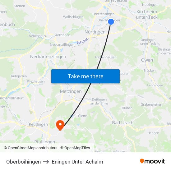 Oberboihingen to Eningen Unter Achalm map