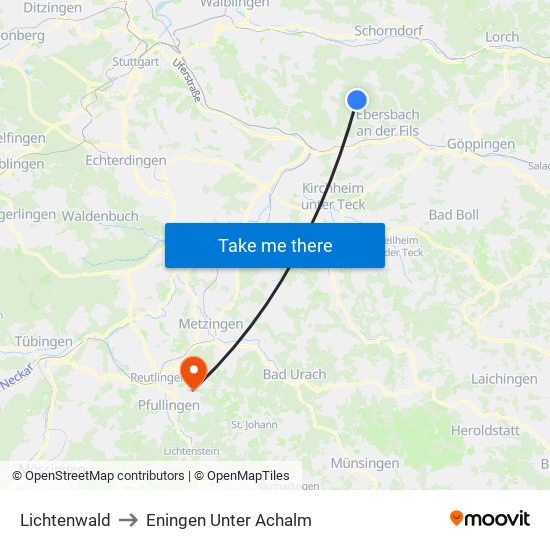 Lichtenwald to Eningen Unter Achalm map