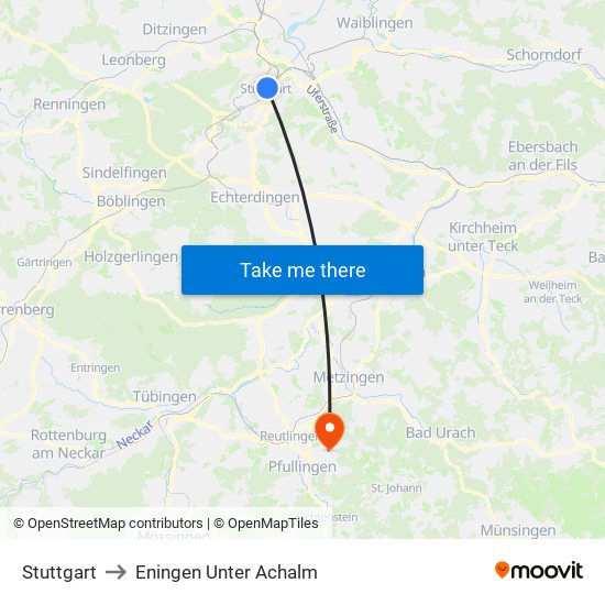 Stuttgart to Eningen Unter Achalm map