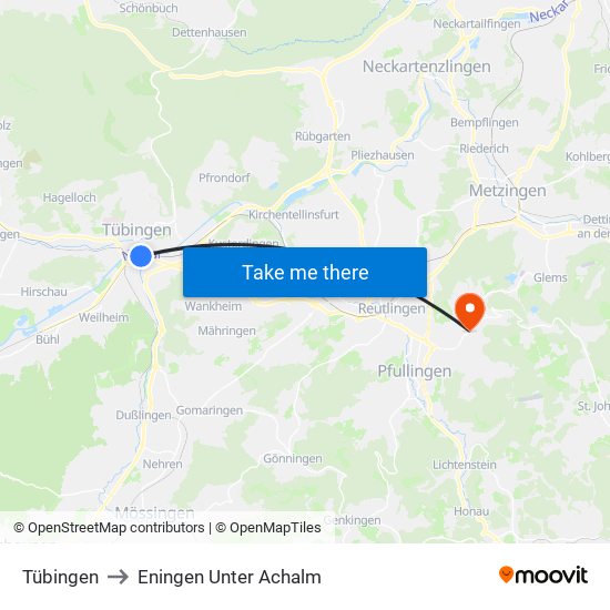 Tübingen to Eningen Unter Achalm map