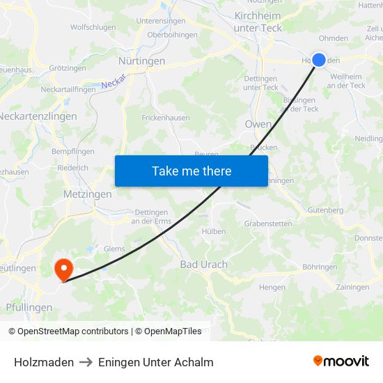 Holzmaden to Eningen Unter Achalm map