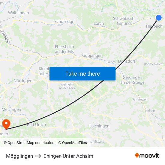 Mögglingen to Eningen Unter Achalm map