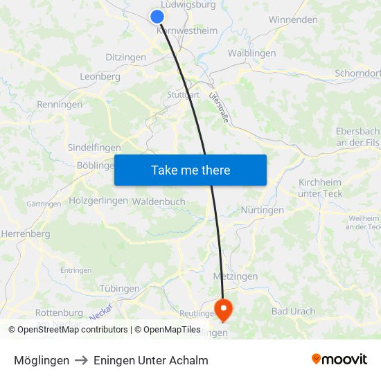 Möglingen to Eningen Unter Achalm map