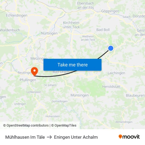 Mühlhausen Im Täle to Eningen Unter Achalm map