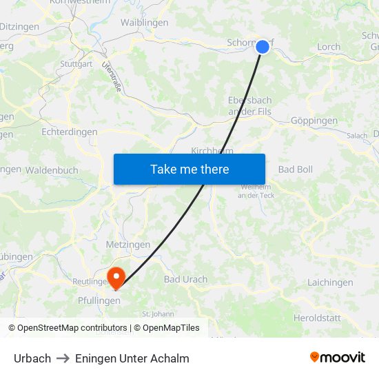 Urbach to Eningen Unter Achalm map