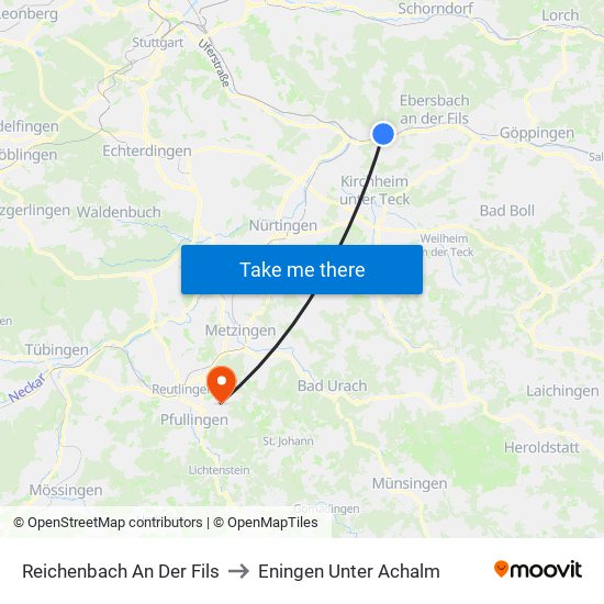 Reichenbach An Der Fils to Eningen Unter Achalm map