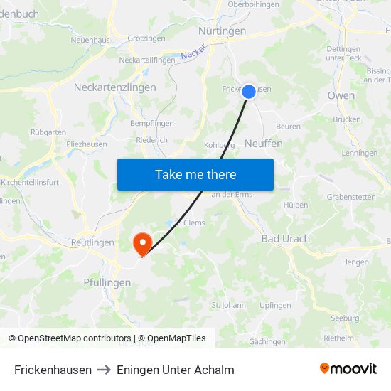 Frickenhausen to Eningen Unter Achalm map