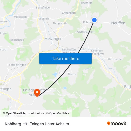 Kohlberg to Eningen Unter Achalm map