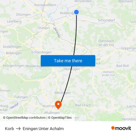 Korb to Eningen Unter Achalm map