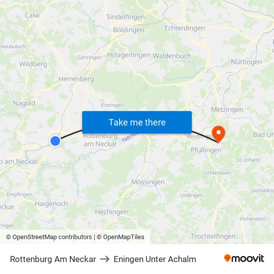 Rottenburg Am Neckar to Eningen Unter Achalm map