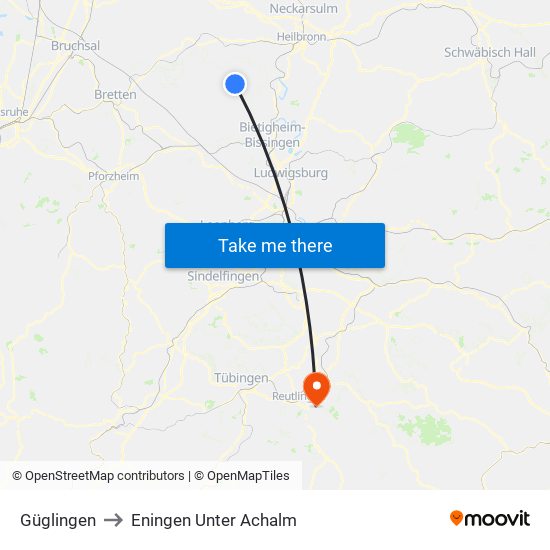 Güglingen to Eningen Unter Achalm map