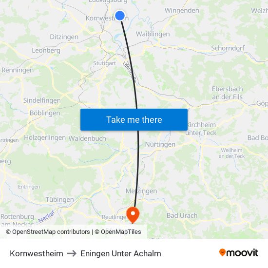 Kornwestheim to Eningen Unter Achalm map