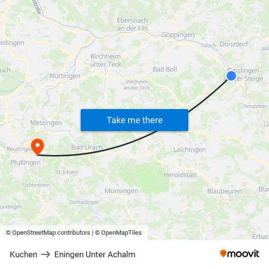 Kuchen to Eningen Unter Achalm map