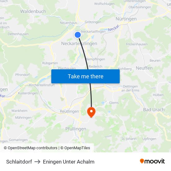 Schlaitdorf to Eningen Unter Achalm map