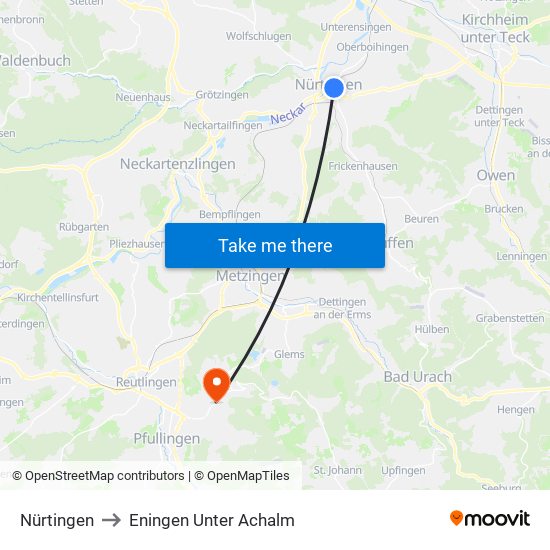 Nürtingen to Eningen Unter Achalm map