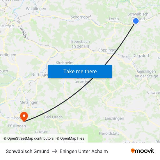 Schwäbisch Gmünd to Eningen Unter Achalm map