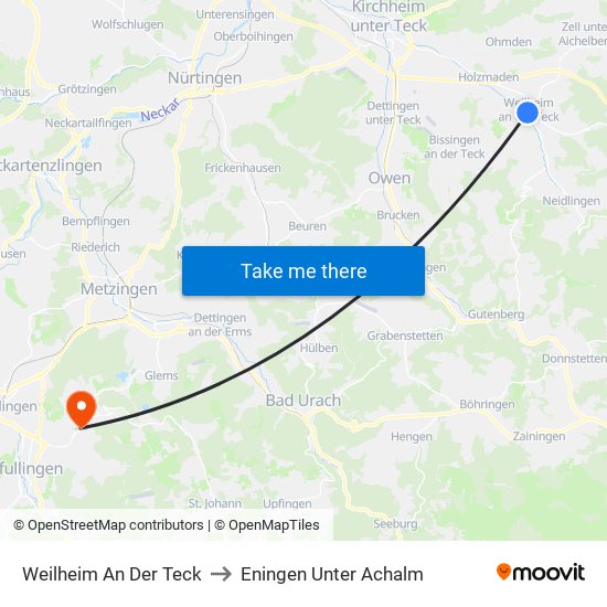 Weilheim An Der Teck to Eningen Unter Achalm map