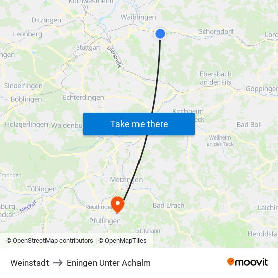 Weinstadt to Eningen Unter Achalm map