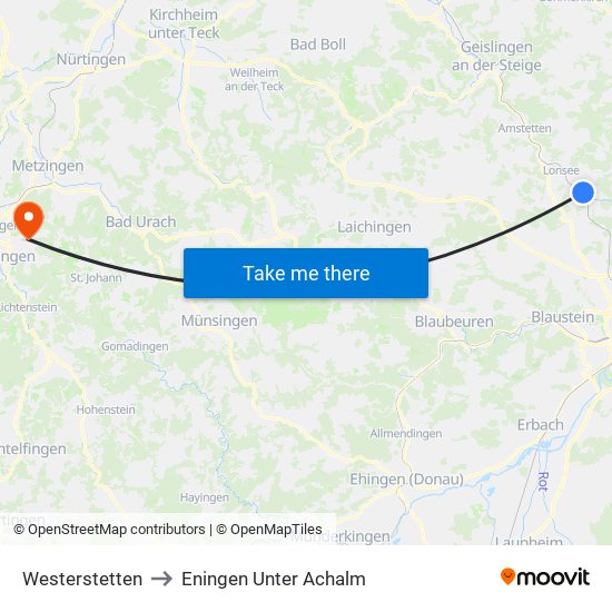 Westerstetten to Eningen Unter Achalm map