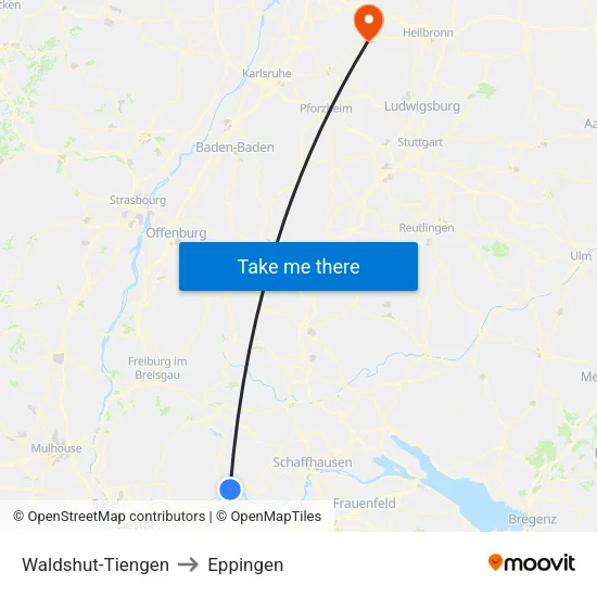 Waldshut-Tiengen to Eppingen map