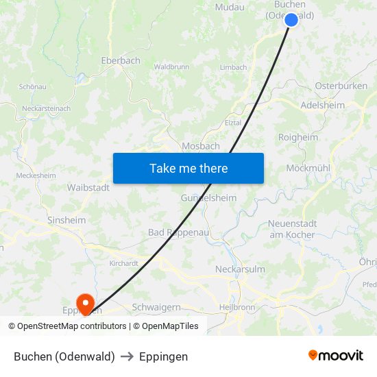 Buchen (Odenwald) to Eppingen map