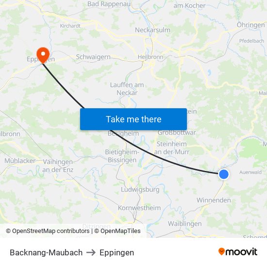 Backnang-Maubach to Eppingen map