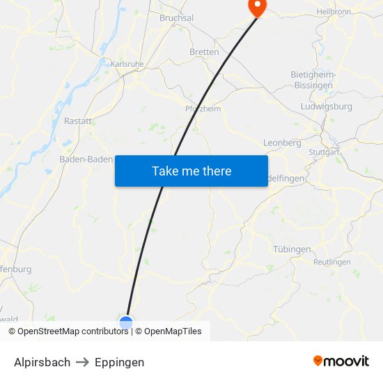 Alpirsbach to Eppingen map