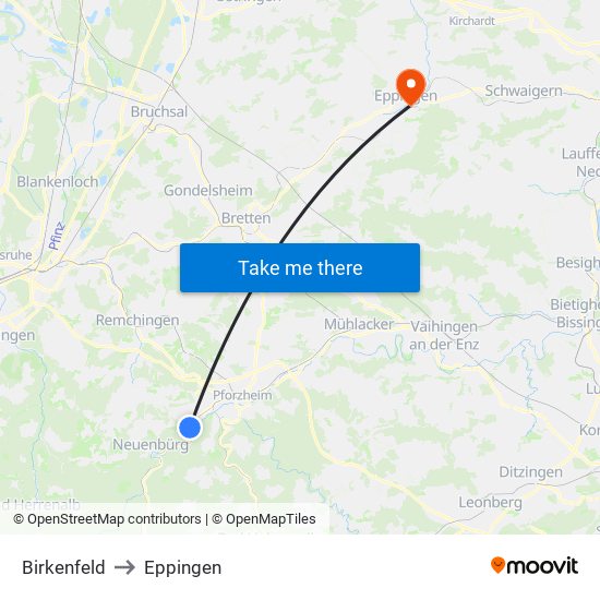 Birkenfeld to Eppingen map