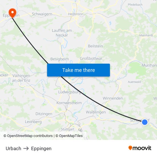 Urbach to Eppingen map