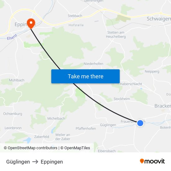 Güglingen to Eppingen map