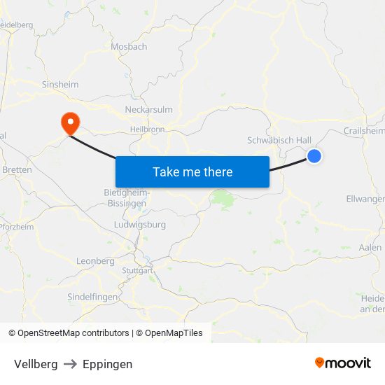 Vellberg to Eppingen map
