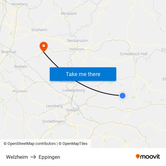 Welzheim to Eppingen map