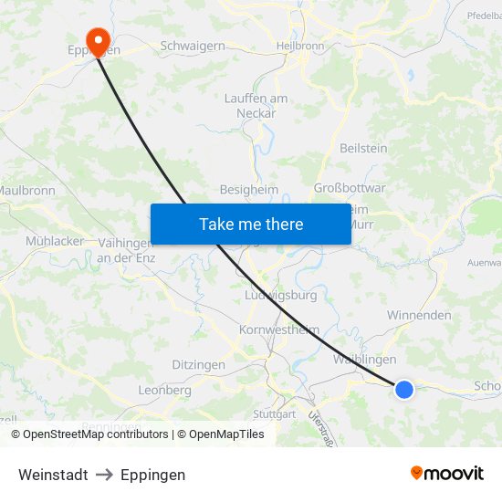 Weinstadt to Eppingen map