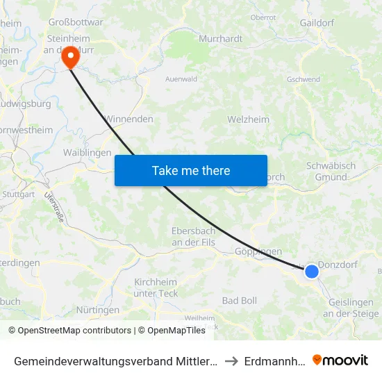 Gemeindeverwaltungsverband Mittleres Fils-Lautertal to Erdmannhausen map