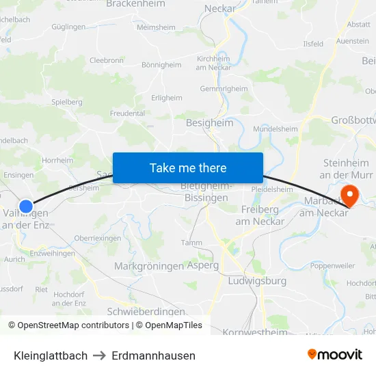 Kleinglattbach to Erdmannhausen map