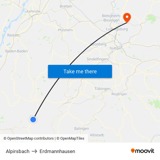 Alpirsbach to Erdmannhausen map