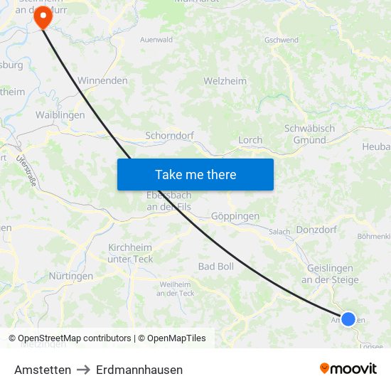 Amstetten to Erdmannhausen map