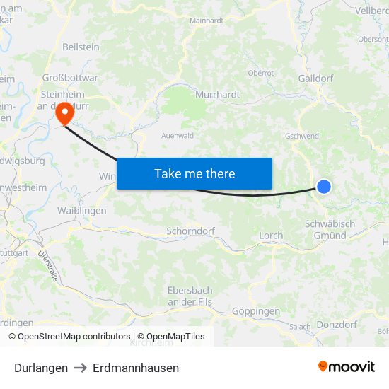 Durlangen to Erdmannhausen map