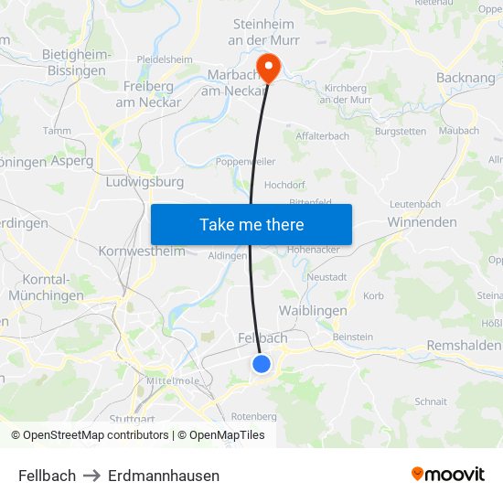 Fellbach to Erdmannhausen map