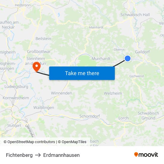Fichtenberg to Erdmannhausen map