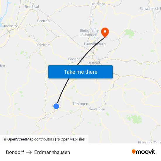 Bondorf to Erdmannhausen map