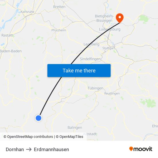 Dornhan to Erdmannhausen map