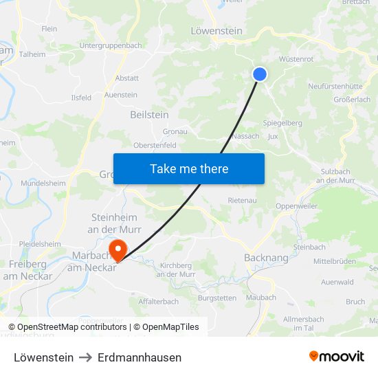 Löwenstein to Erdmannhausen map