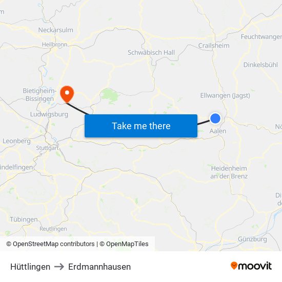 Hüttlingen to Erdmannhausen map