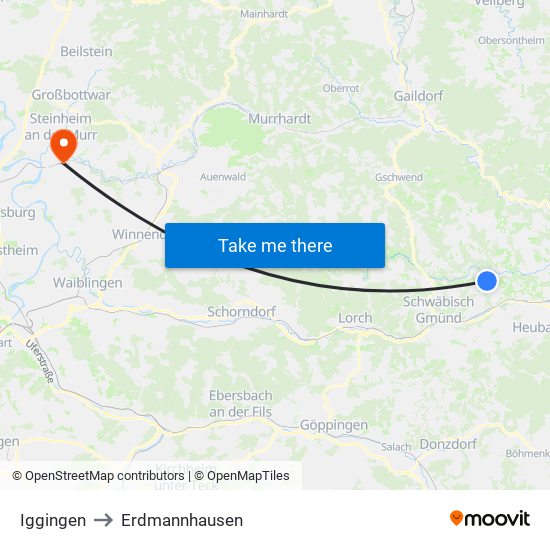 Iggingen to Erdmannhausen map