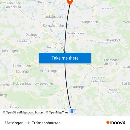 Metzingen to Erdmannhausen map