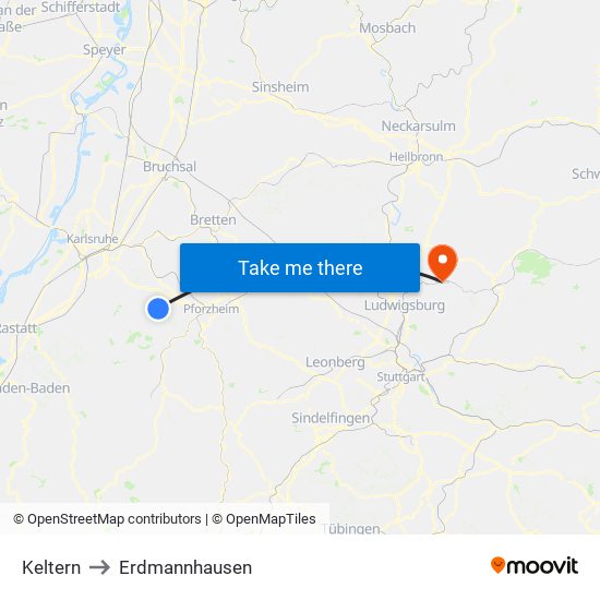 Keltern to Erdmannhausen map