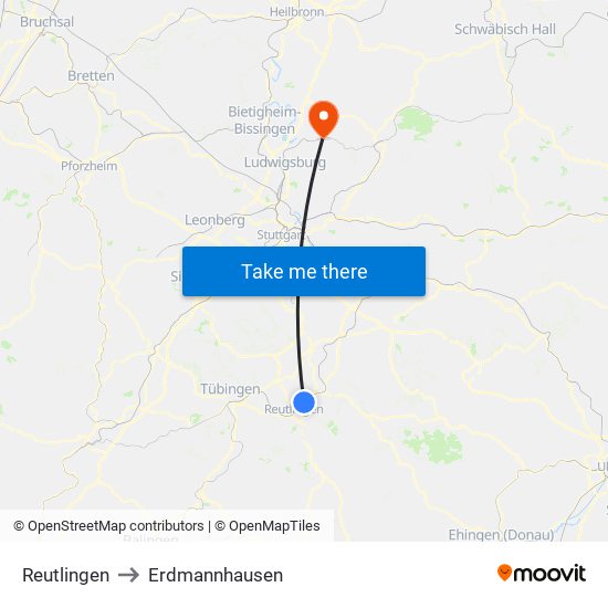Reutlingen to Erdmannhausen map