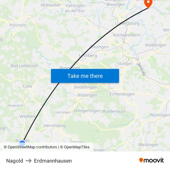 Nagold to Erdmannhausen map