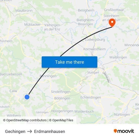 Gechingen to Erdmannhausen map
